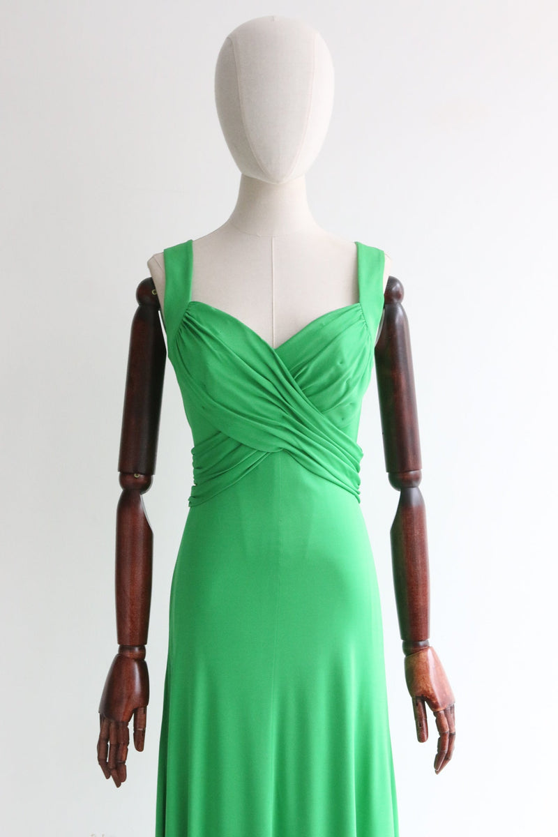 "Vibrant Green" Late 1960's Green Jersey Pleated Dress UK 10-12 US 6-8
