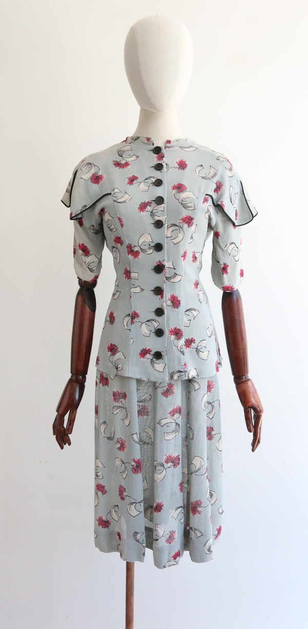 "Ribbons & Flowers" Vintage 1940's Floral Blouse & Skirt Set UK 10 US 6
