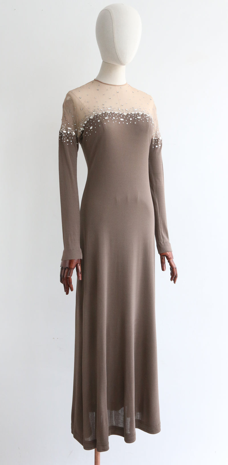 "Taupe & Rhinestones" Vintage Late 1960's Rhinestone Embellished Dress UK 10 US 6