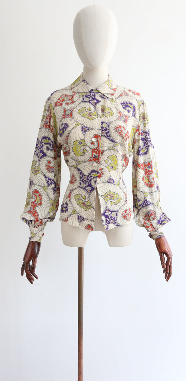 "Chartreuse Paisley" Vintage 1940's Silk Paisley Print Blouse UK 12 US 8