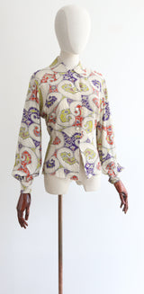 "Chartreuse Paisley" Vintage 1940's Silk Paisley Print Blouse UK 12 US 8