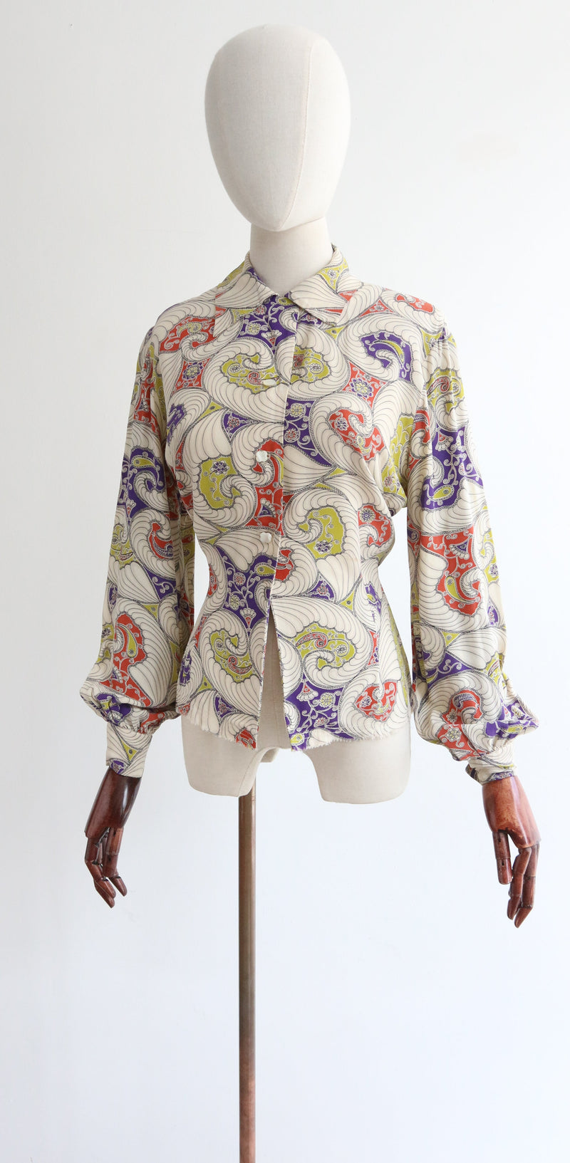 "Chartreuse Paisley" Vintage 1940's Silk Paisley Print Blouse UK 12 US 8
