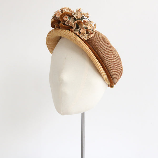 "Straw & Velvet" Vintage 1940's Straw & Velvet Floral Hat