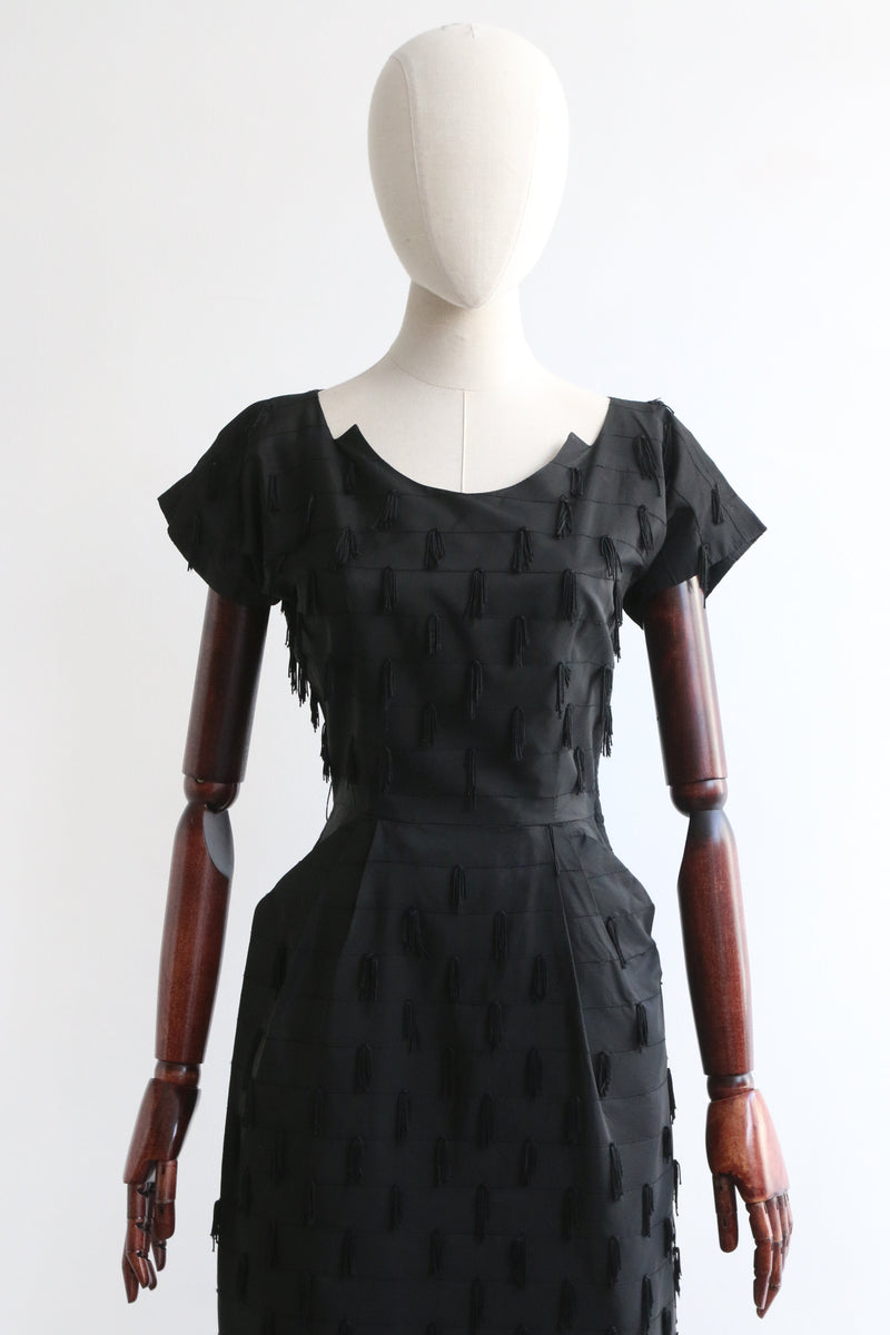"Notched Tassels" Vintage 1950's Black Faille Tassel Dress UK 8 US 4
