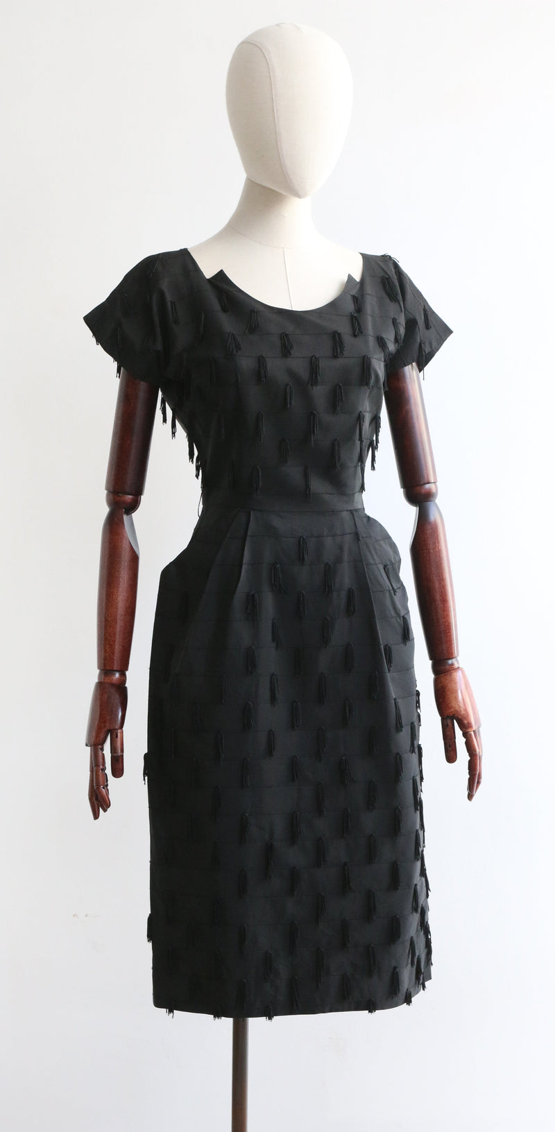 "Notched Tassels" Vintage 1950's Black Faille Tassel Dress UK 8 US 4