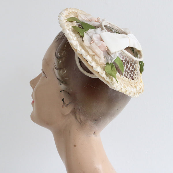 "Floral Saucer" Vintage 1950's Miniature Cream Floral Wired Saucer Hat