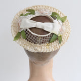 "Floral Saucer" Vintage 1950's Miniature Cream Floral Wired Saucer Hat