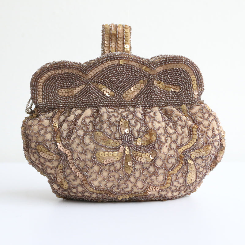 "Mink Bead & Gold Sequin" Vintage 1920's Mink and Gold Toned Embellished Evening Bag