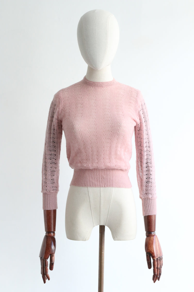 "Lace Knit" Vintage 1940's Pink Lace Knitted Jumper UK 8-10 US 4-6