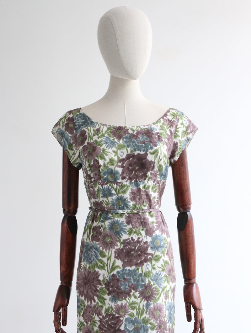 "Mulberry Bouquet" Vintage 1950's Silk Floral Shift Dress UK 10 US 6