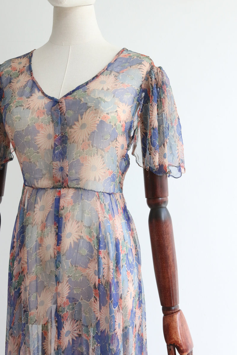 "Silk Chiffon Bouquet" Vintage 1930's Silk Chiffon Floral Dress UK 8-10 US 4-6