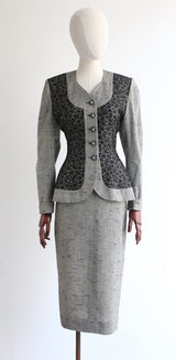 "Black Lace & Rhinestone Lilli Ann" Vintage 1950's Grey & Black Lace Lilli Ann Skirt Suit UK 8-10 US 4-6