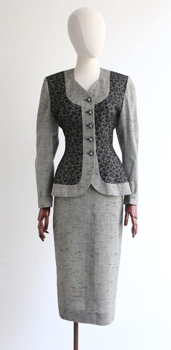 "Black Lace & Rhinestone Lilli Ann" Vintage 1950's Grey & Black Lace Lilli Ann Skirt Suit UK 8-10 US 4-6