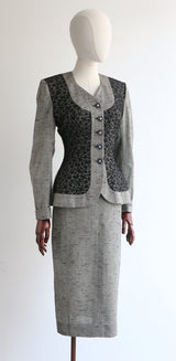"Black Lace & Rhinestone Lilli Ann" Vintage 1950's Grey & Black Lace Lilli Ann Skirt Suit UK 8-10 US 4-6