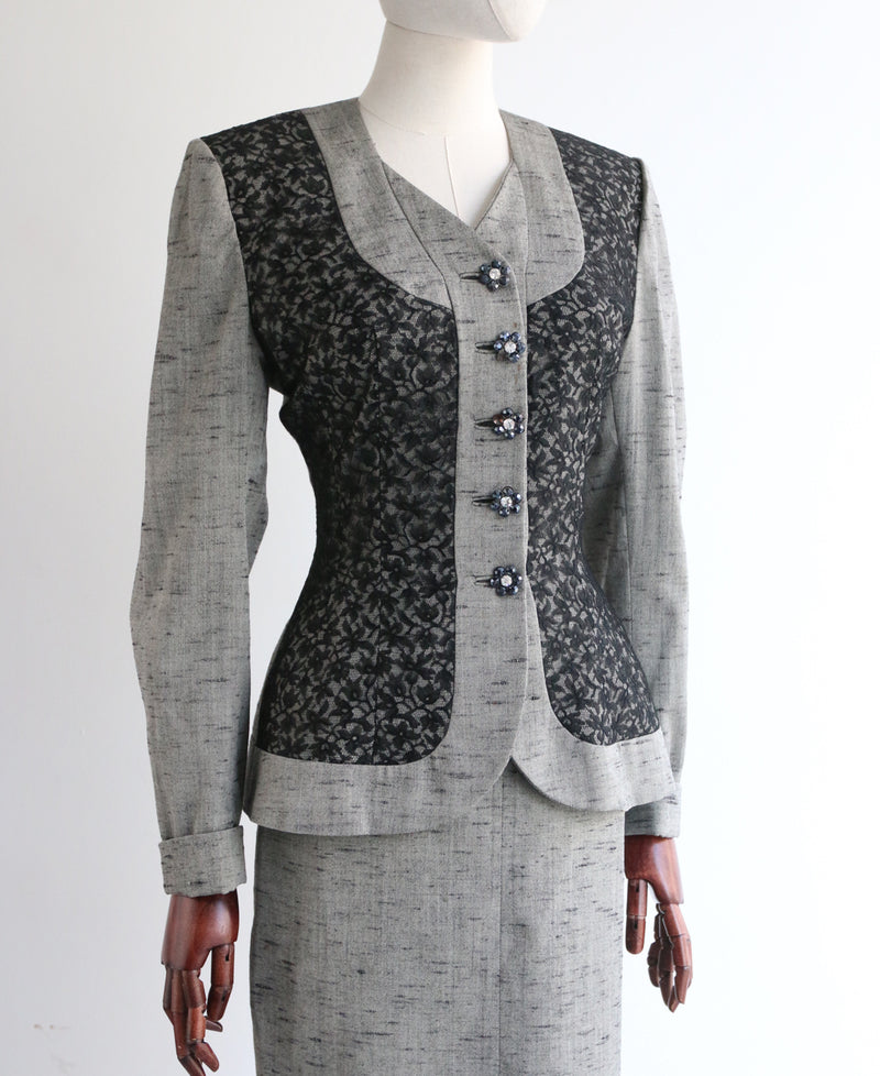 "Black Lace & Rhinestone Lilli Ann" Vintage 1950's Grey & Black Lace Lilli Ann Skirt Suit UK 8-10 US 4-6