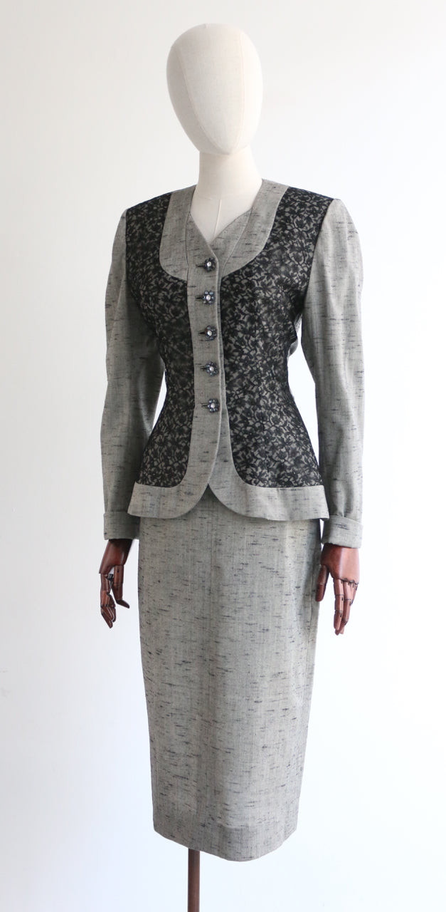 "Black Lace & Rhinestone Lilli Ann" Vintage 1950's Grey & Black Lace Lilli Ann Skirt Suit UK 8-10 US 4-6