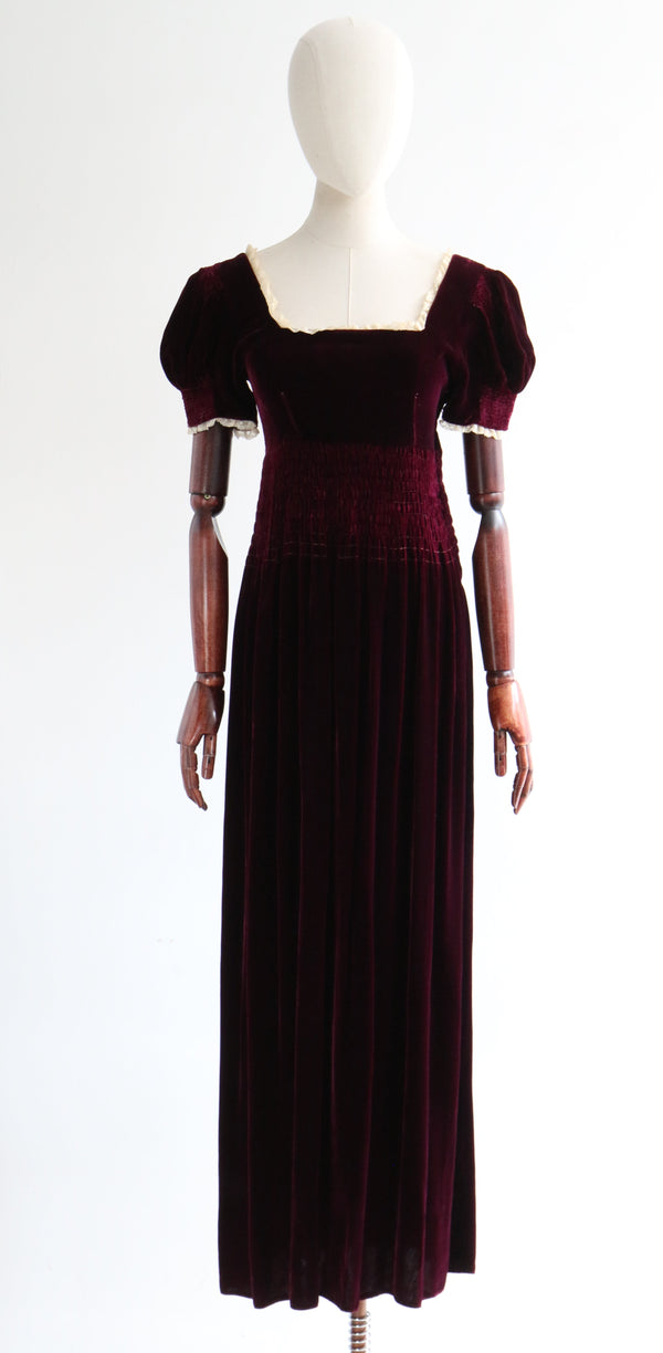 "Burgundy Silk Velvet & Lace" Vintage 1930's Burgundy Silk Velvet Dress UK 6-8 US 2-4