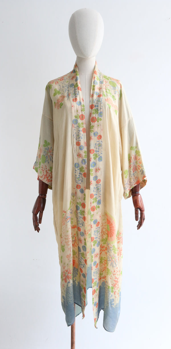 "Lanterns & Parasols" Vintage 1920's Pongee Silk Floral Robe UK 8-14 US 4-10