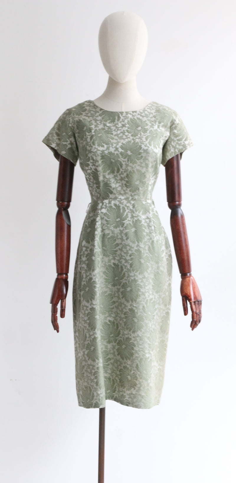 "Silver Sage" Vintage 1950's Silk Brocade Silver Sage Floral Dress UK 10 US 6