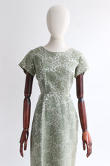"Silver Sage" Vintage 1950's Silk Brocade Silver Sage Floral Dress UK 10 US 6
