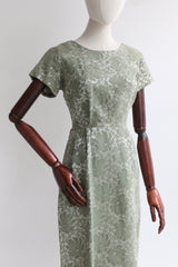 "Silver Sage" Vintage 1950's Silk Brocade Silver Sage Floral Dress UK 10 US 6
