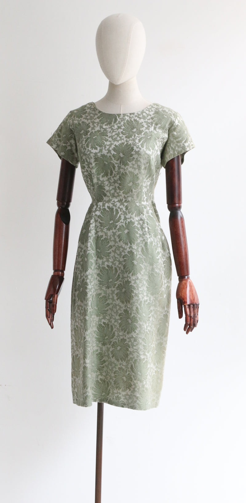 "Silver Sage" Vintage 1950's Silk Brocade Silver Sage Floral Dress UK 10 US 6