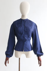 "Navy Pleats" Vintage 1950's Silk Pleated Blouse UK 10 US 6