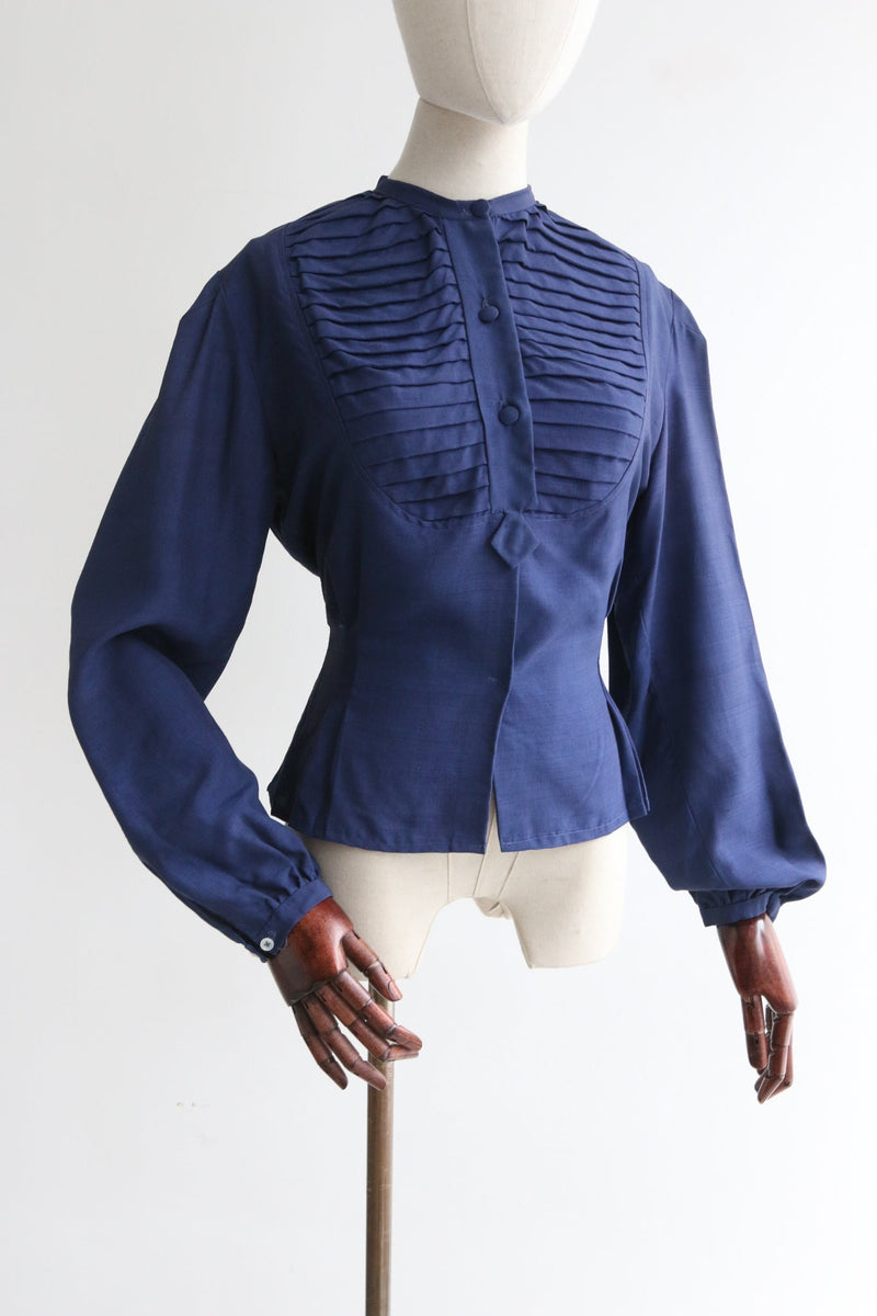 "Navy Pleats" Vintage 1950's Silk Pleated Blouse UK 10 US 6