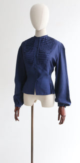 "Navy Pleats" Vintage 1950's Silk Pleated Blouse UK 10 US 6