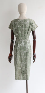 "Silver Sage" Vintage 1950's Silk Brocade Silver Sage Floral Dress UK 10 US 6