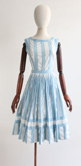 "Gathered Pleats" Vintage 1950's Blue & White Pinstriped Skirt & Blouse Set UK 6-8 US 2-4