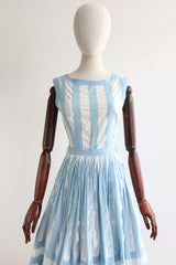"Gathered Pleats" Vintage 1950's Blue & White Pinstriped Skirt & Blouse Set UK 6-8 US 2-4