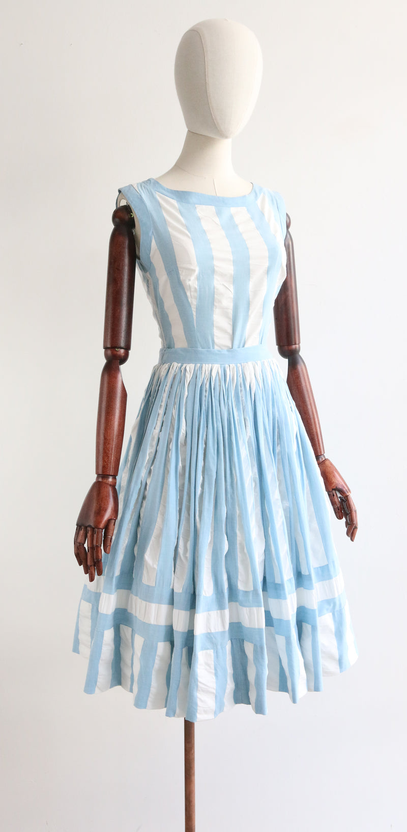 "Gathered Pleats" Vintage 1950's Blue & White Pinstriped Skirt & Blouse Set UK 6-8 US 2-4
