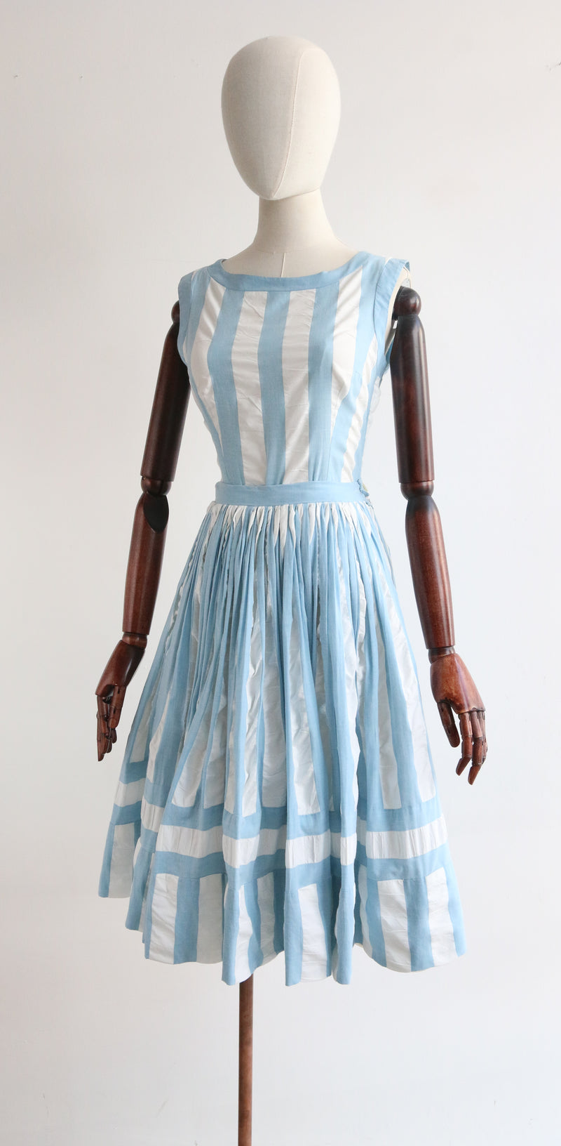 "Gathered Pleats" Vintage 1950's Blue & White Pinstriped Skirt & Blouse Set UK 6-8 US 2-4