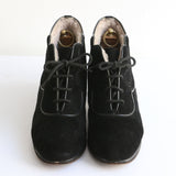 "Scalloped Suede" Vintage 1940's Black Suede Fleece Lined Boots UK 5 US 7 EU 38