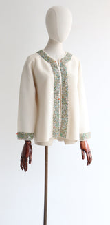 "Glass Beads & Wool" Vintage 1960's Cream Wool & Beaded Cardigan UK 16 US 12