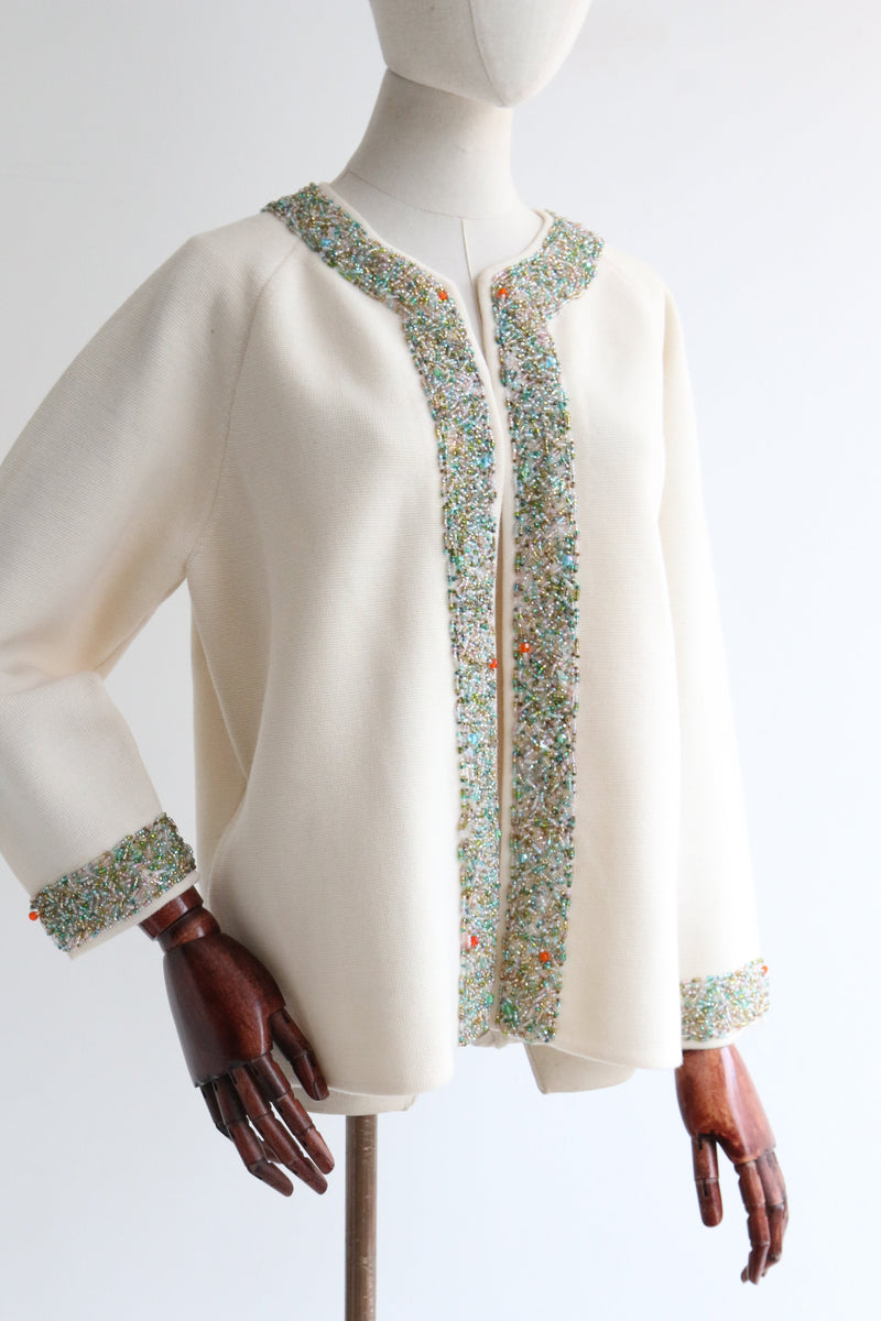 "Glass Beads & Wool" Vintage 1960's Cream Wool & Beaded Cardigan UK 16 US 12