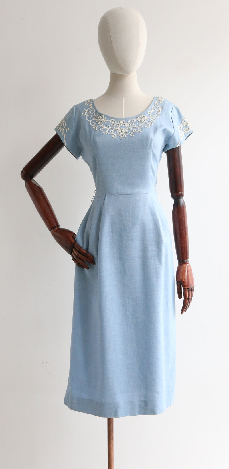 "Soutache & Linen" Vintage 1950's Blue Linen Soutache Embellished Dress UK 8-10 US 4-6