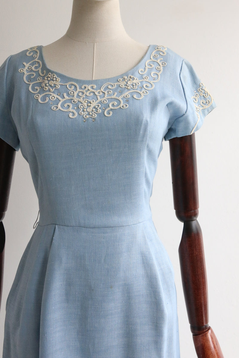 "Soutache & Linen" Vintage 1950's Blue Linen Soutache Embellished Dress UK 8-10 US 4-6