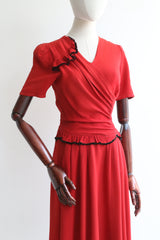 "Velvet Trims" Vintage 1940's Red Crepe & Black Velvet Trim Dress UK 8-10 US 4-6