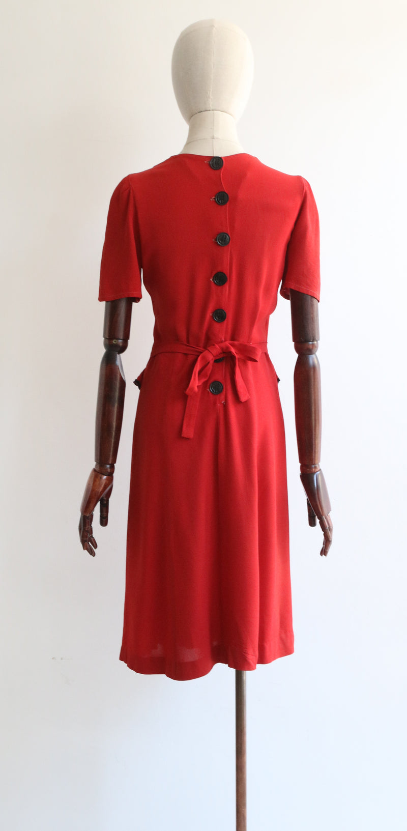 "Velvet Trims" Vintage 1940's Red Crepe & Black Velvet Trim Dress UK 8-10 US 4-6