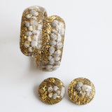 "Seashells & Sparkle" Vintage 1950's Gold Glitter & Seashell inlay Clamper Bangle & Earring Set