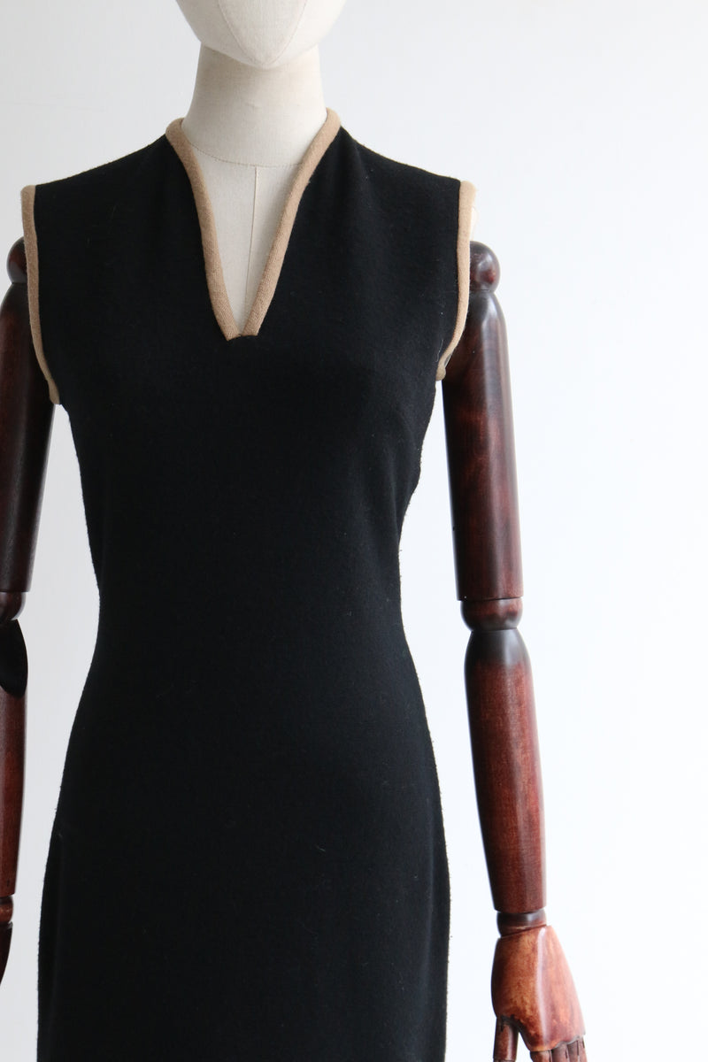 "Tan Piping" Vintage 1960's Black & Tan Wool Knit Dress UK 10-12 US 6-8