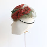 "Blooming Roses" Vintage 1940's Velvet Rose & Green Tulle Percher Hat