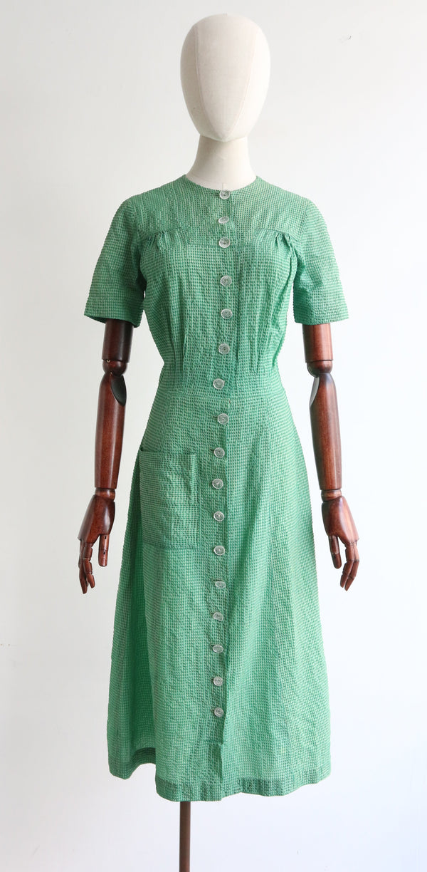 "Green Gingham" Vintage 1940's Waffled Green Gingham Dress UK 10 US 6