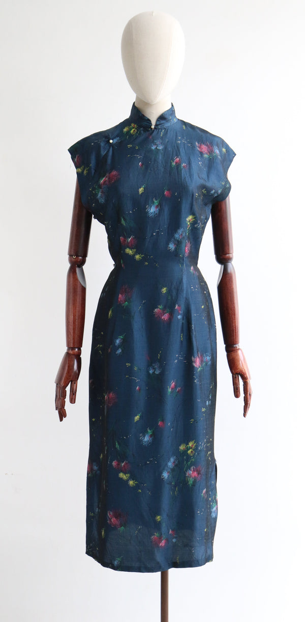 "Floral Bursts" Vintage 1950's Silk Yale Blue Floral Burst Dress UK 4-6 US 0-2