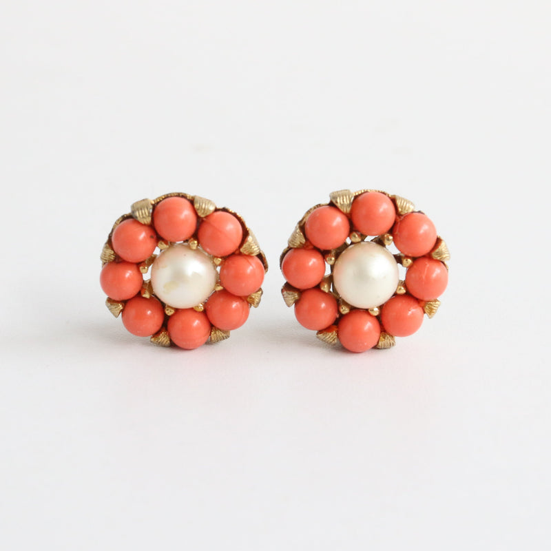 "Coral & Pearls" Vintage 1960's Coral & Pearl Clip On Earrings