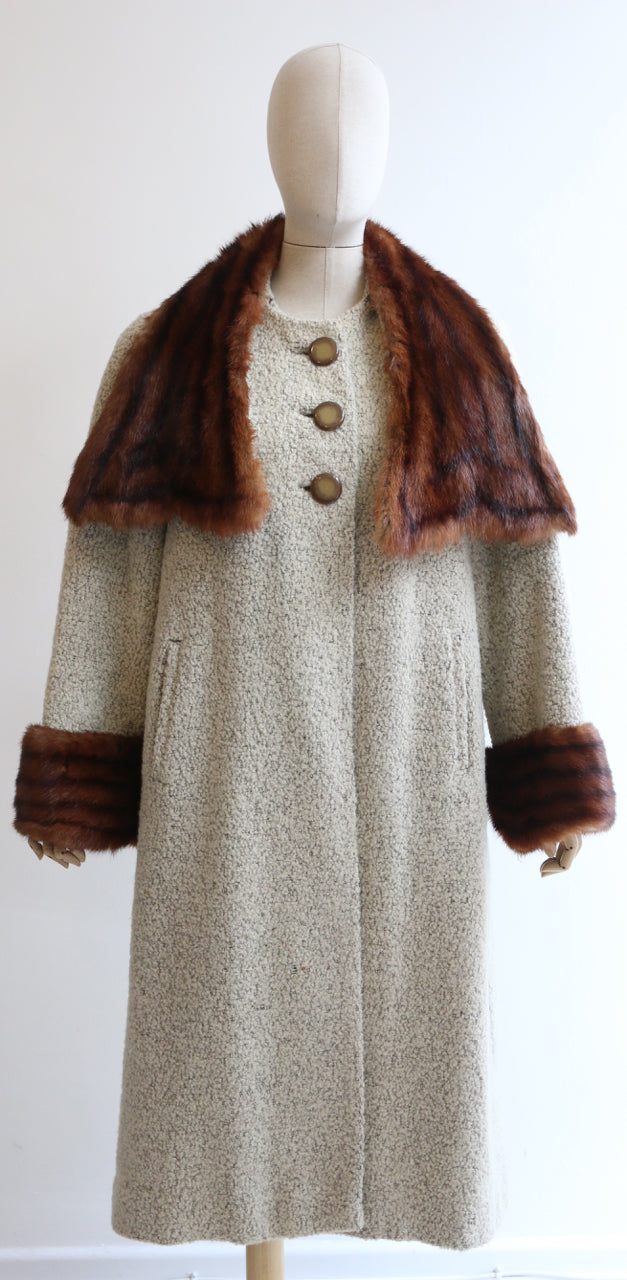"Bouclé Wool & Mink" Vintage 1940's Bouclé Wool & Mink Fur Trim Coat UK 14 US 10