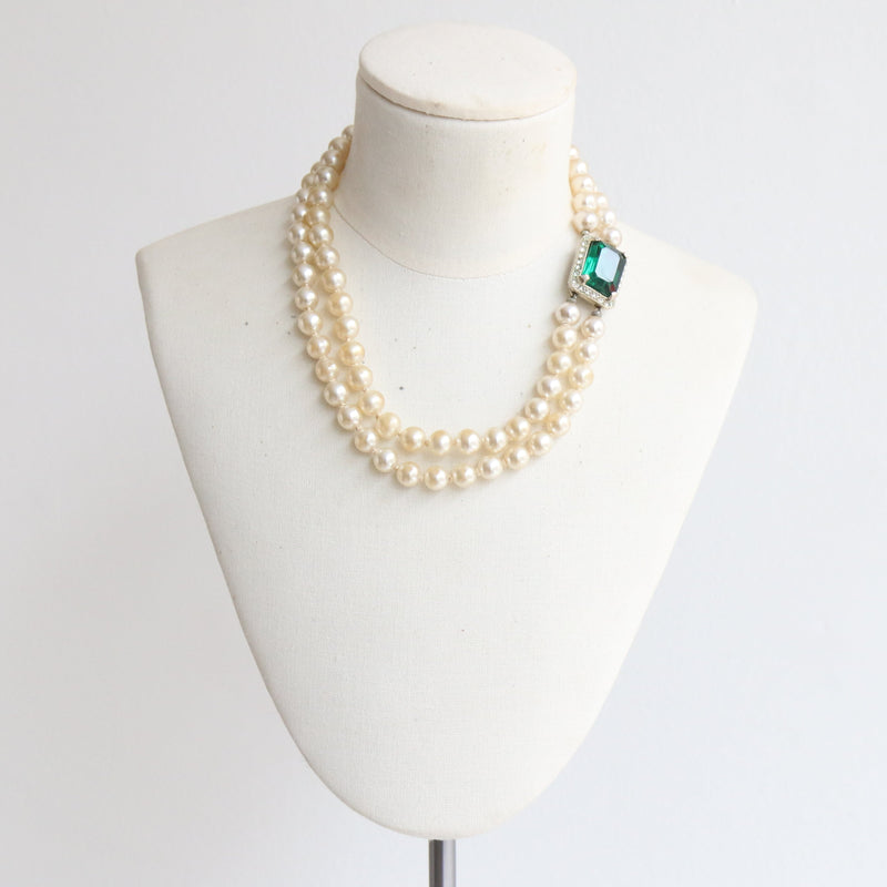 "Emerald & Pearls"  Vintage 1950's Double Strand Pearl Necklace