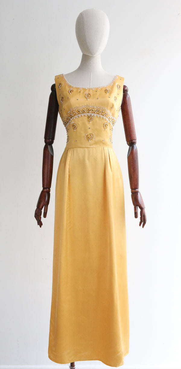 "Pearls & Satin" Vintage 1960's Yellow Satin Evening Dress UK 10 US 6